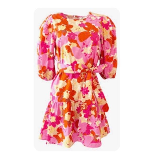 LaRoque size Small Mini Dress Zoe Groovy Floral Belted Ruffle Hem Cotton - Picture 1 of 7